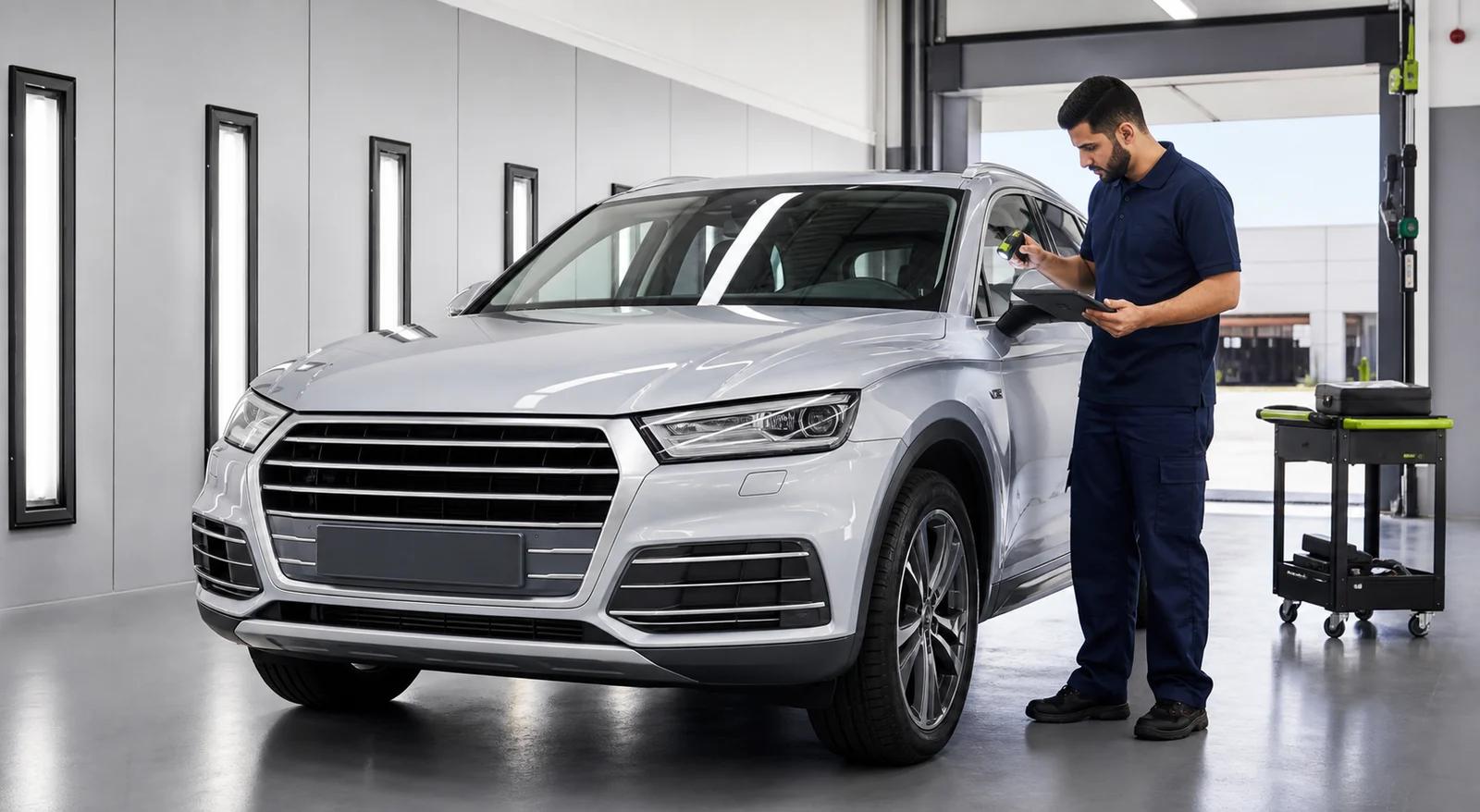 Vehicle inspector reviewing a car with diagnostic equipment
