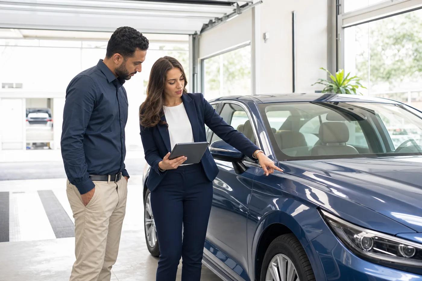 Insurance specialist reviewing a vehicle with its owner