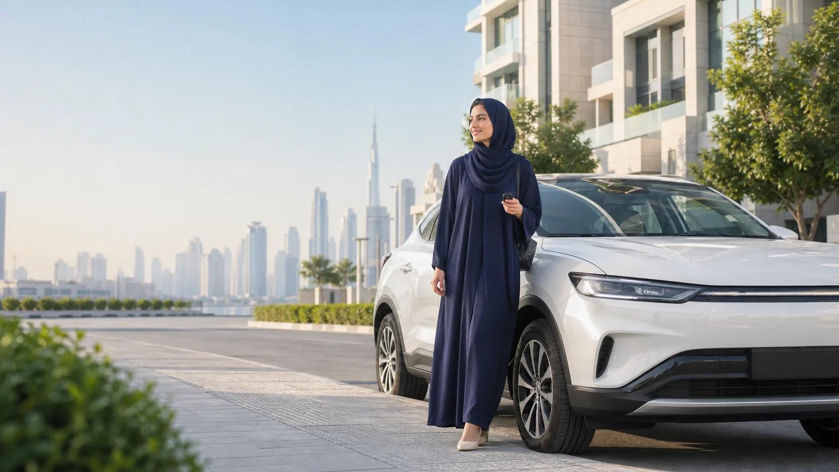 Driver standing confidently beside her protected car in Dubai
