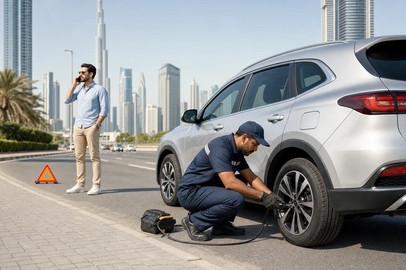 Driver receiving calm roadside assistance in Dubai