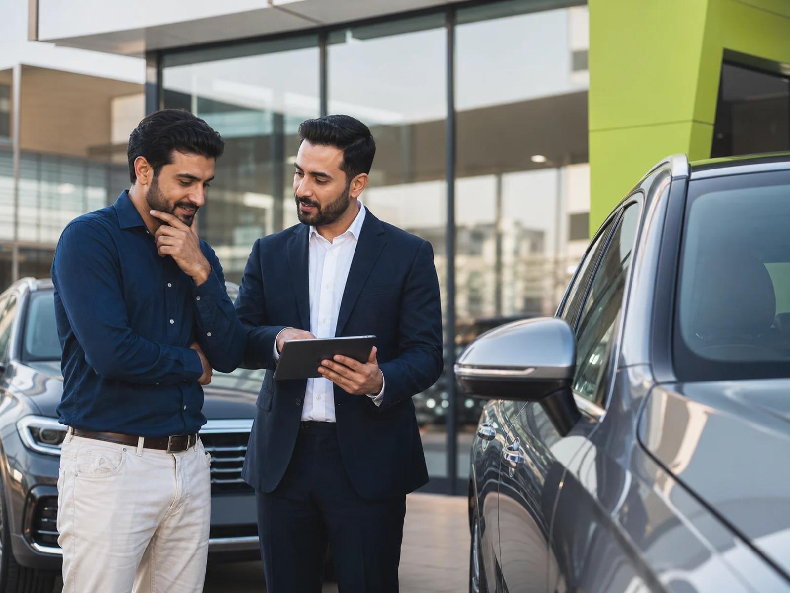A customer and automotive advisor comparing vehicles together