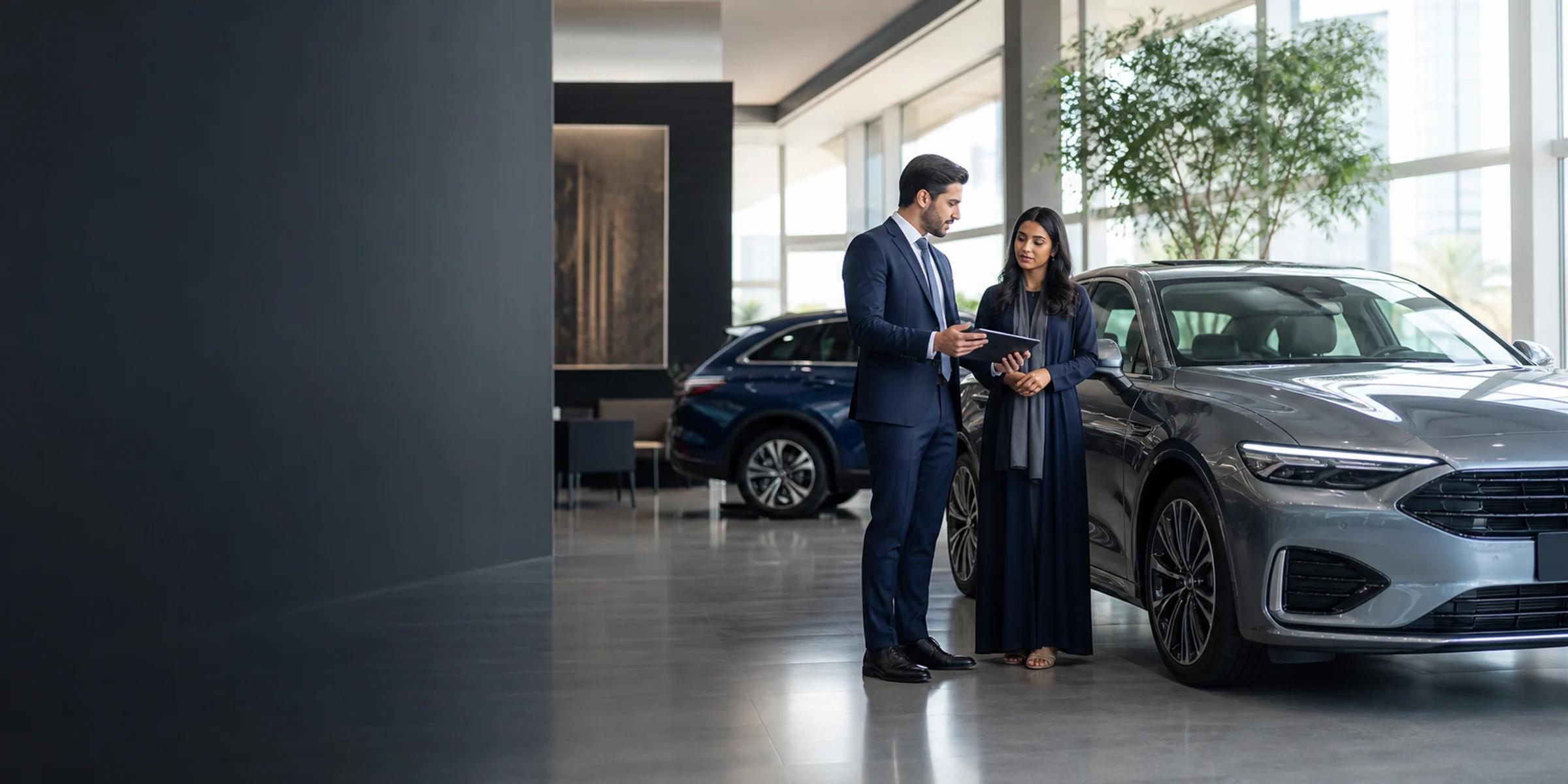 A customer and automotive advisor reviewing a car together in a modern UAE showroom