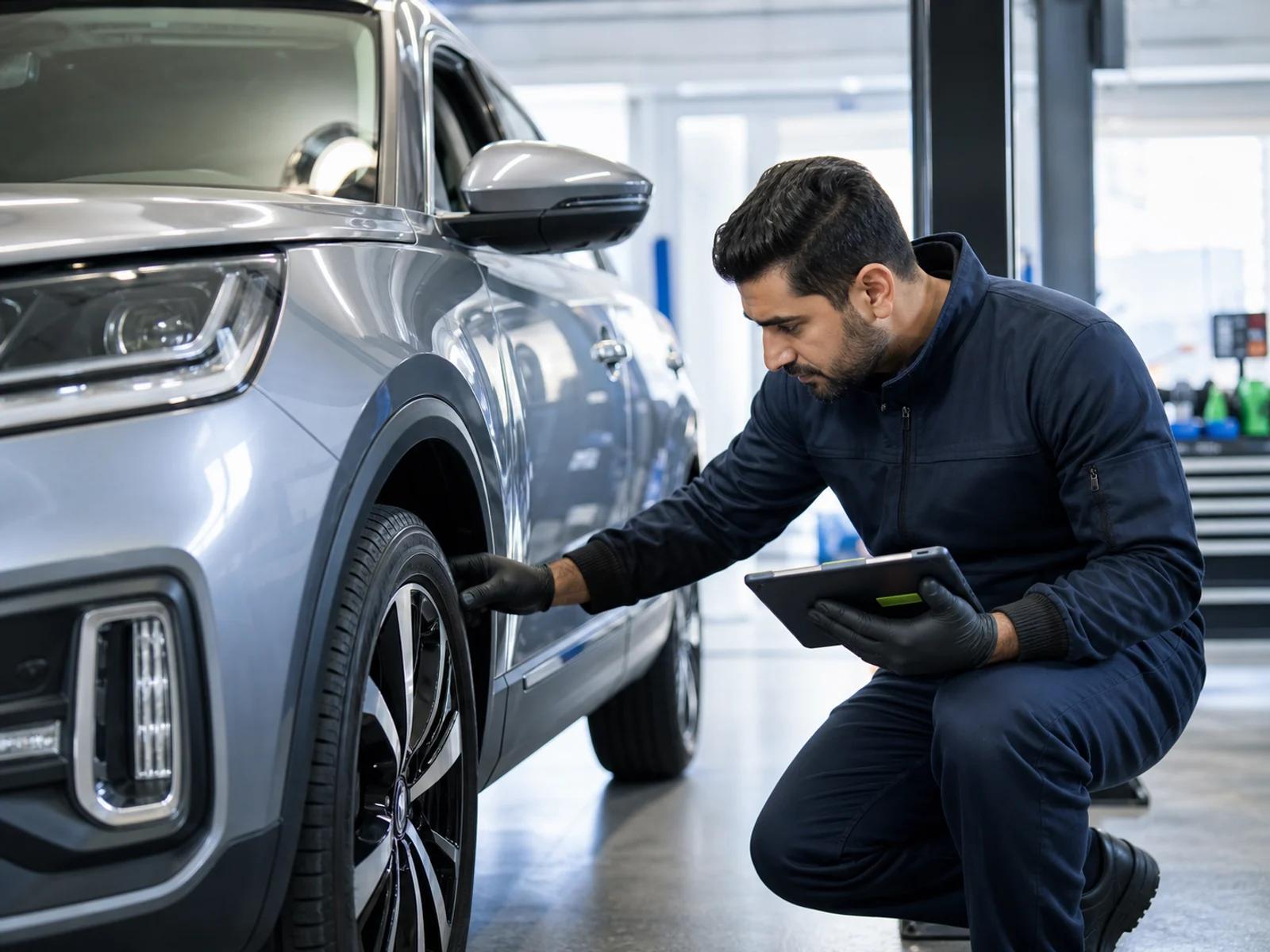 An automotive specialist inspecting a vehicle with a tablet