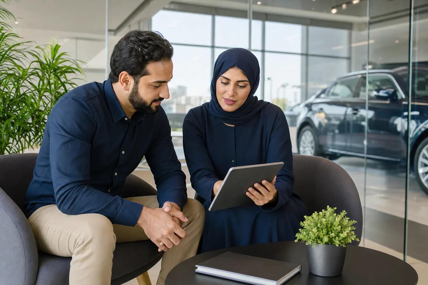 A customer reviewing car finance options with an advisor
