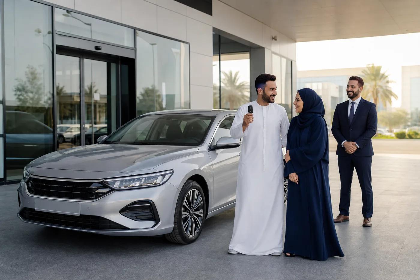 Customer collecting a newly financed car from a UAE showroom