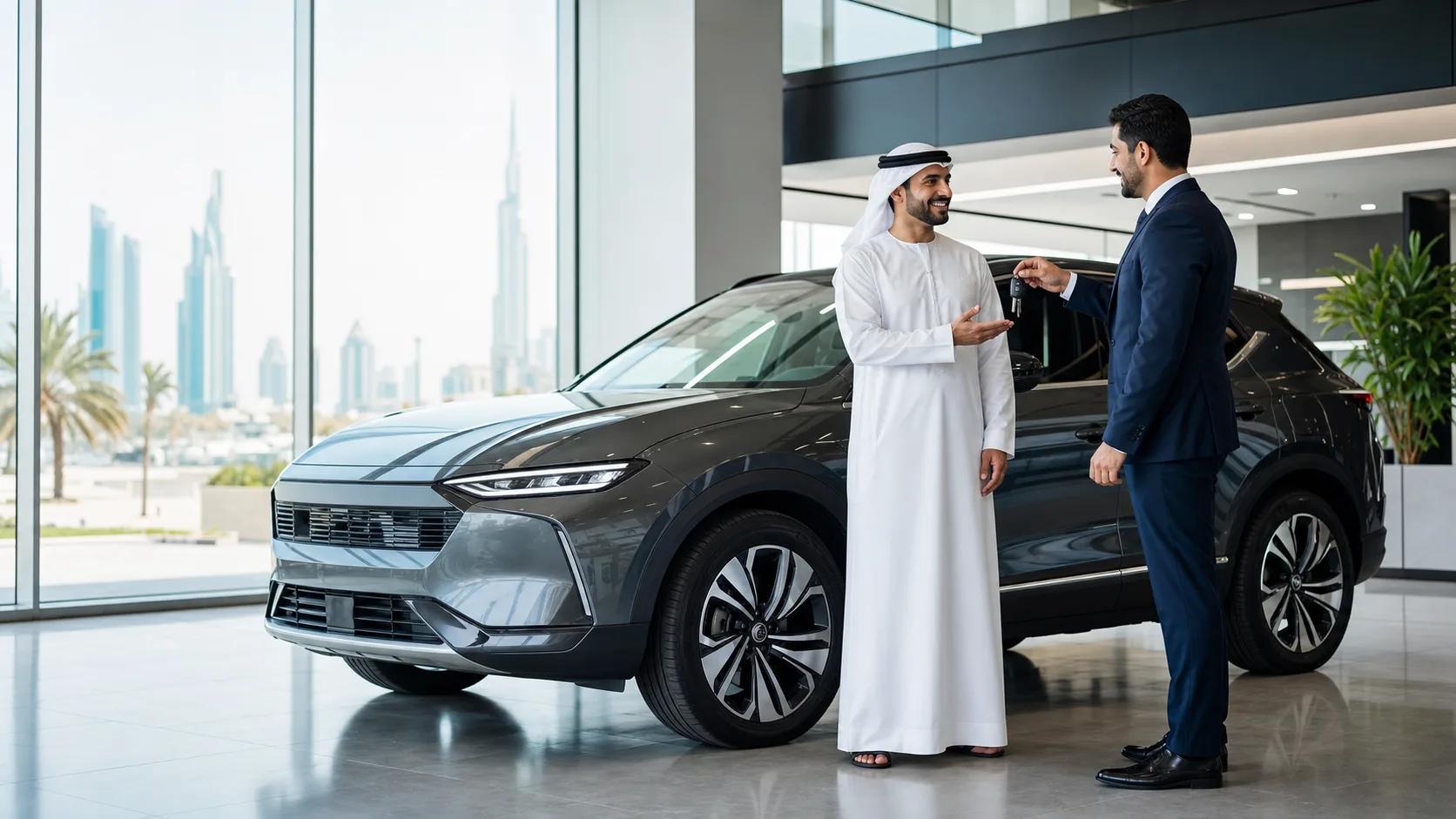 Customer receiving the keys to a newly financed car at a Dubai showroom