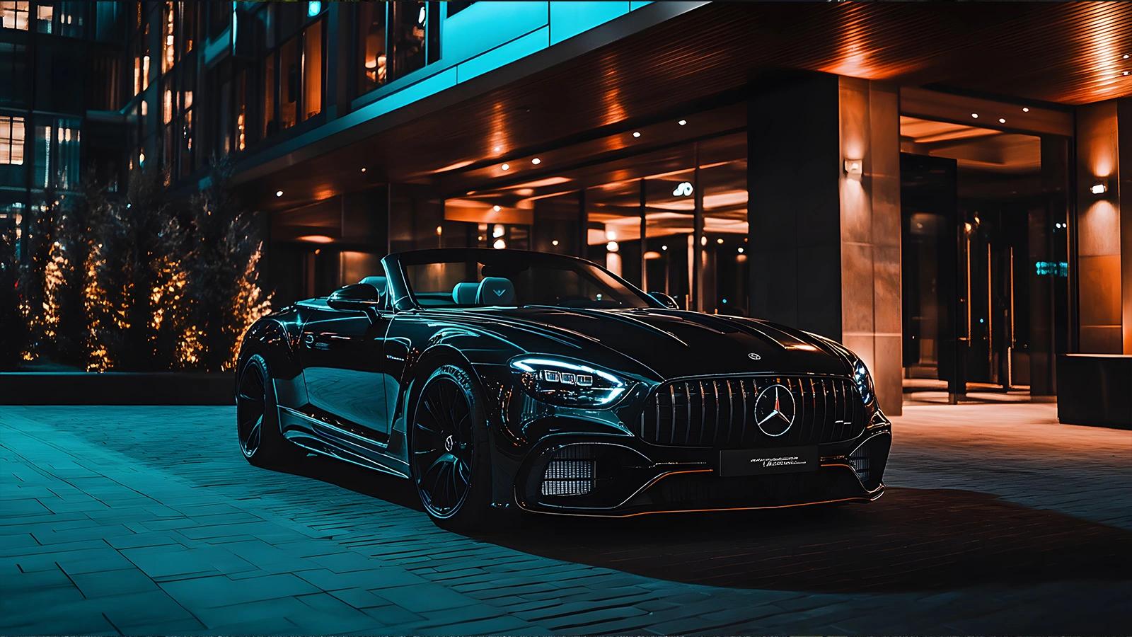 A premium convertible outside a modern showroom at night