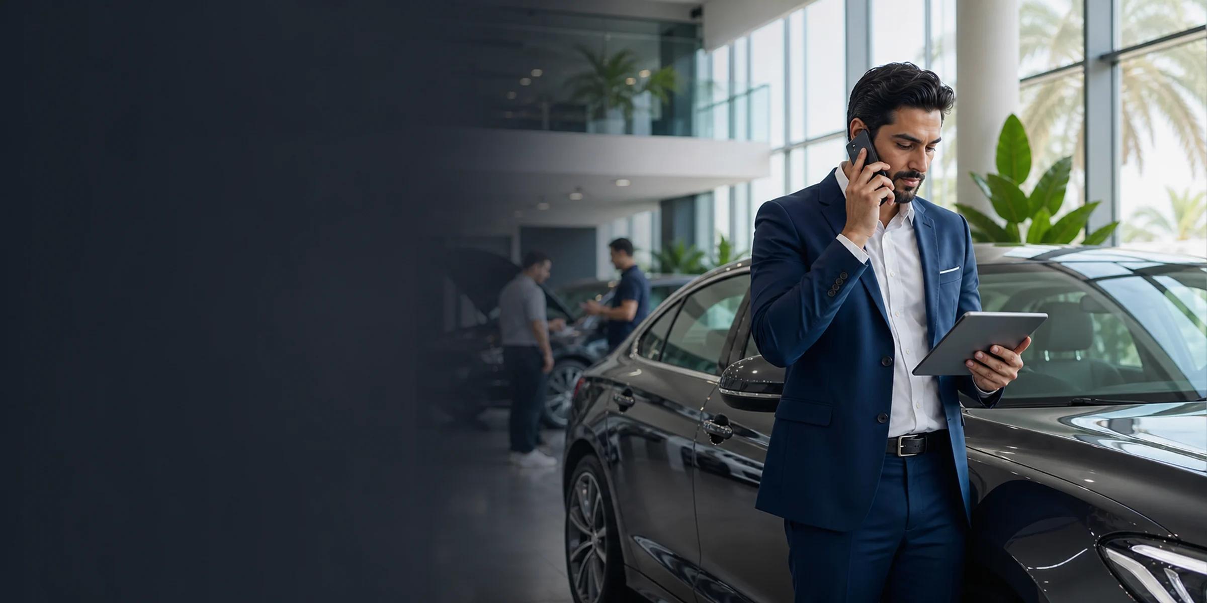 A SaleCar automotive advisor helping a customer by phone in a UAE showroom