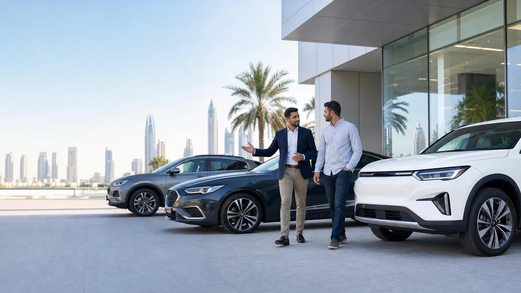 Customer comparing different cars with a SaleCar advisor in Dubai